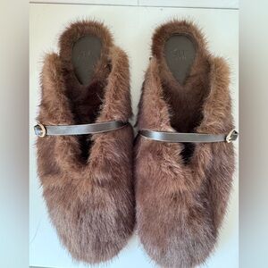 H&M Chocolate Brown Faux-Fur Mary Jane Mules with Strap